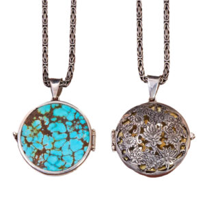 Square Cut Shajari Turquoise Necklace – Dual-Sided, Silver