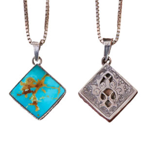 Square Golden-Veined Turquoise Necklace – Dual-Sided, Frame Silver