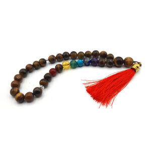 Tiger Eye & 7 Chakra Prayer Tasbih – 33 Beads, Red Tassel, Genuine Stones