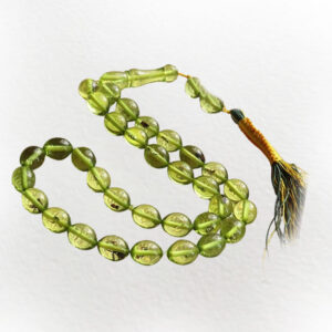 Transparent Green Amber Tasbih – 33 Beads with Fossilized Insects