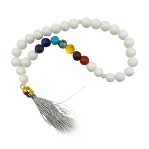 White Onyx & Chakra Tasbih – 33 Beads, White Tassel, Genuine Stones
