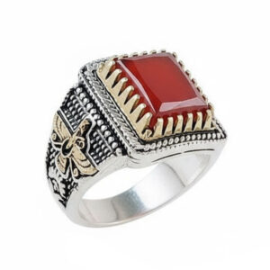 Handmade Faravahar (Zoroastrian) Symbol Ring – Red Agate & Silver