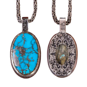 Oval Dual-Sided Turquoise Necklace – 925 Silver, Feroza Stone