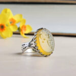 Silver Men's Ring: Yellow Agate Hand-Etched "Hasbi Allah" - Image 3