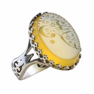 Silver Men's Ring Yellow Agate Hand-Etched Hasbi Allah