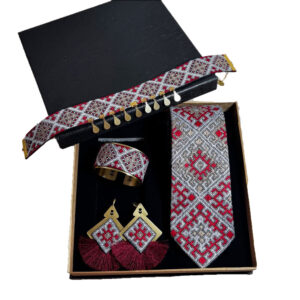 Crimson Pebble Red & Grey Balochi Set Handmade Silk Art