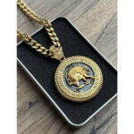 Round Coin Lion & Sun (Shiro Khorshid) Necklace in Gold & Black - Image 5