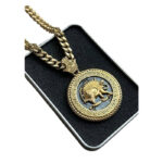 Round Coin Lion & Sun (Shiro Khorshid) Necklace in Gold & Black - Image 2