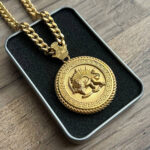 Round Coin Lion & Sun (Shiro Khorshid) Necklace in Gold & Black - Image 4