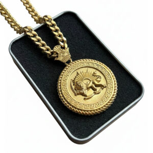Round Coin Style Lion & Sun (Shiro Khorshid) Necklace in Gold