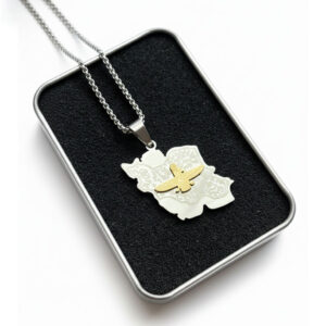 Silver Iran Map Necklace with Golden Faravahar Symbol