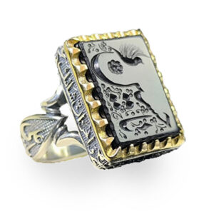 Black Agate Men's Ring with Deep Ya Hussain Stone Engraving