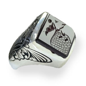 Black Agate Silver Ring with “Ya Hussain” Engraving with Dot‑Pattern