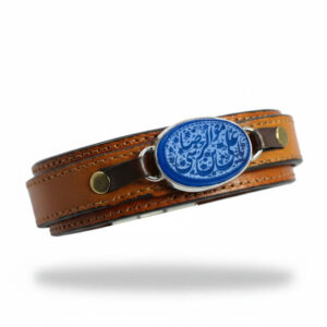 Blue Agate & Leather Bracelet with “Ya Ali Ibn Musa al‑Reza” Engraving