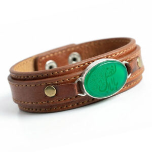 Green Agate Brown Leather Bracelet with “Ya Abalfazl” Engraving