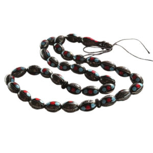 Handcrafted 33 Bead Yusr, Turquoise & Coral Misbaha with Silver Inlay