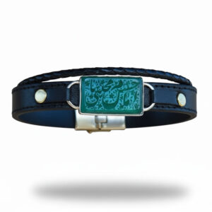 Leather Green Agate Bracelet with “Ya Imam Hasan Mojtaba” Engraving