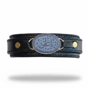 Light Blue Agate Men’s Leather Bracelet with “Ya Ali” Engraving