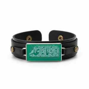 Rectangular Green Agate Men’s Leather Bracelet with “Ya Ali” Engraving