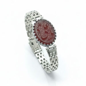 Silver Bracelet with Deep Red Aqeeq Stone “Ya Ali Madad” Calligraphy