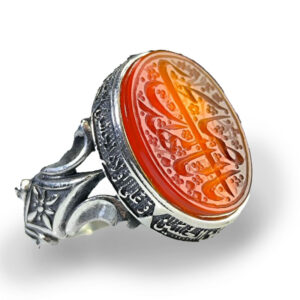 Two‑Tone Red‑Orange Agate Ring with “Aba Saleh al‑Mahdi” Engraving