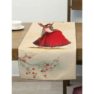 Folk Dress Girl Velvet Table Runner – Artistic Design 120×40 cm