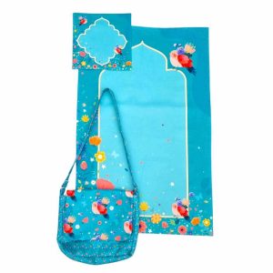 Blue Bird Prayer Mat Set with Bag – Velvet Islamic Prayer Rug