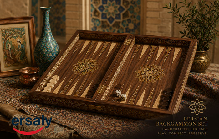 Persian Backgammon Set – Handmade Walnut & Khatam Boards