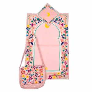 Pink Floral Prayer Mat Set with Bag – Velvet Islamic Prayer Rug